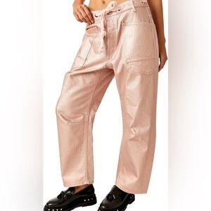 Free People Moxie pink metallic barrel jeans
